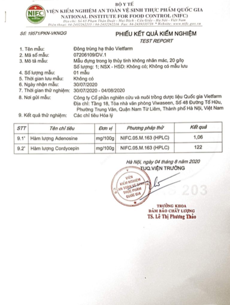 Phiếu kiểm định chất lượng đông trùng hạ thảo Vietfarm