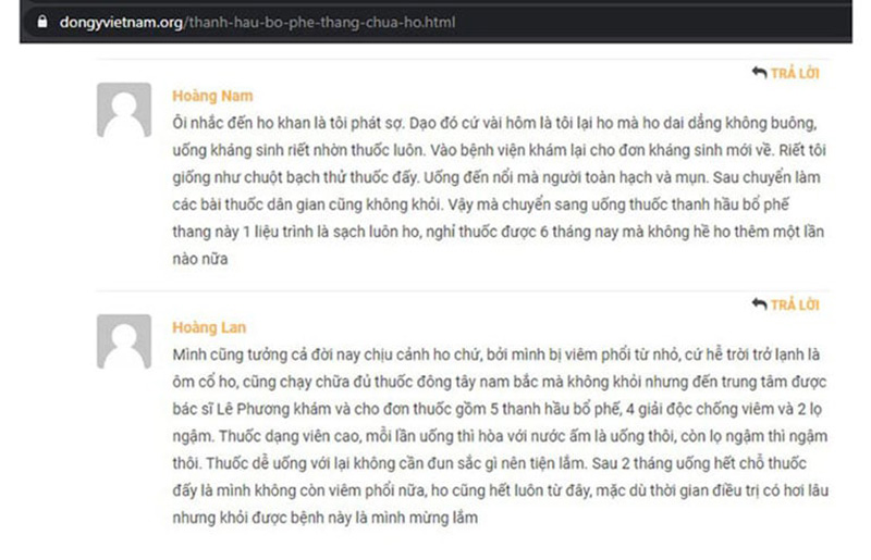 Phản hồi của bệnh nhân điều trị ho bằng Thanh hầu bổ phế thang