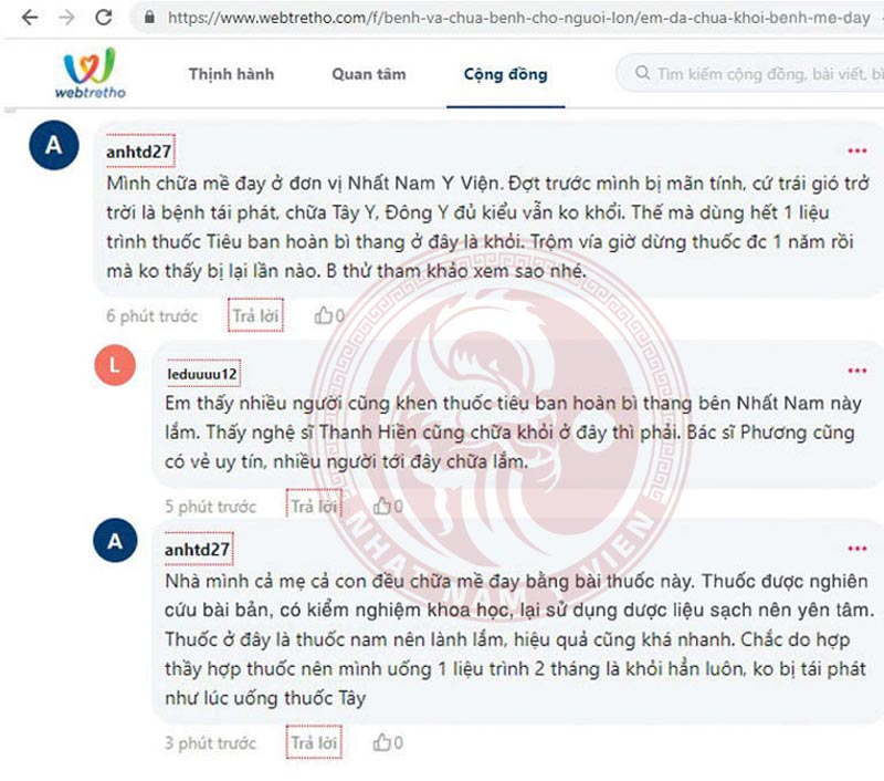 Phản hồi của người bệnh về hiệu quả điều trị mề đay tại Nhất Nam Y Viện